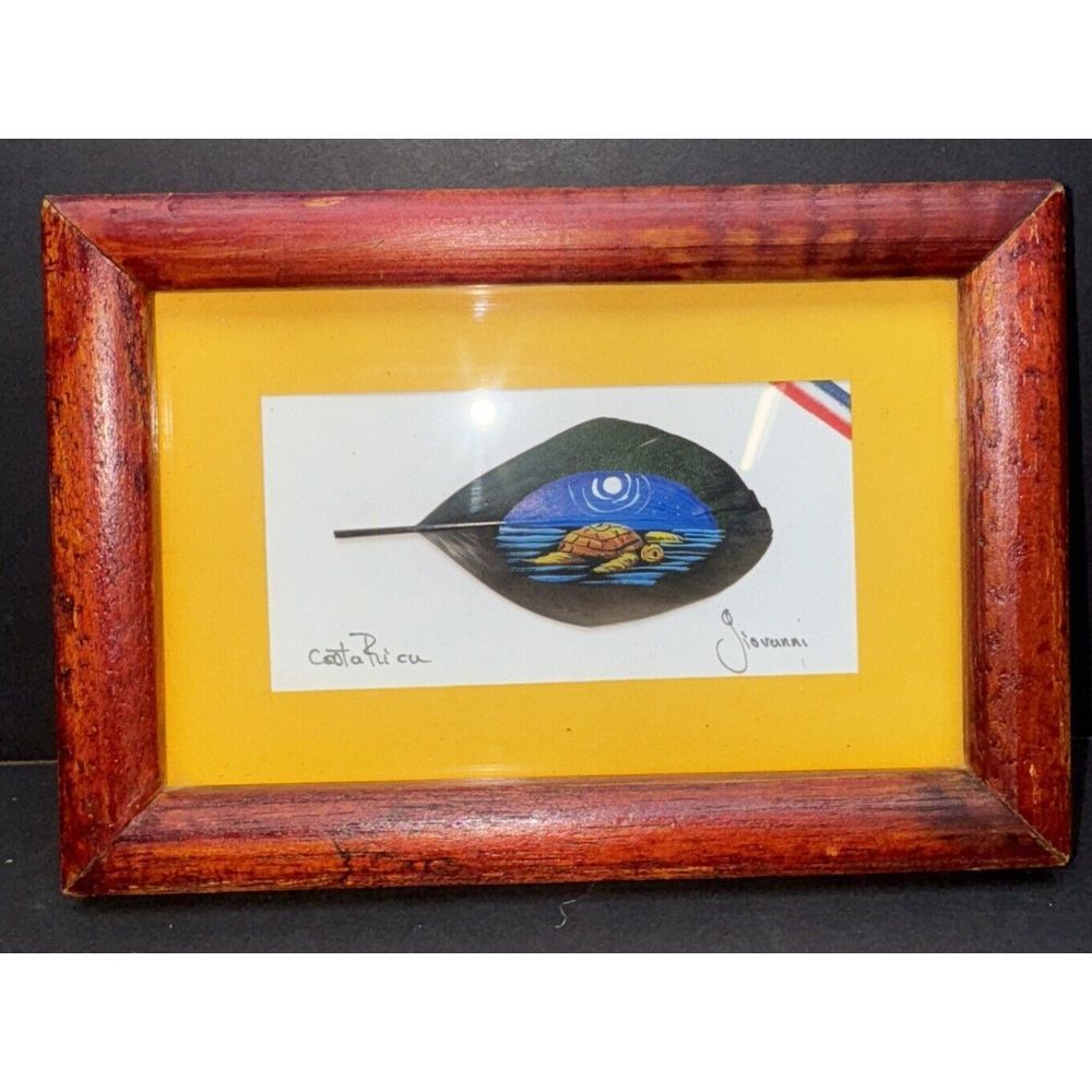 Costa Rica Hand Painted Bird Feather Art, Framed, Signed by Artist, 6.5" X 4.5